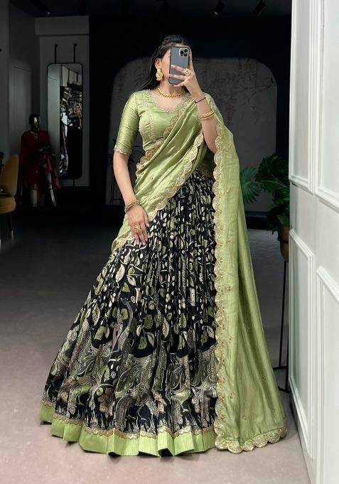 Black Printed Silk Lehenga Set