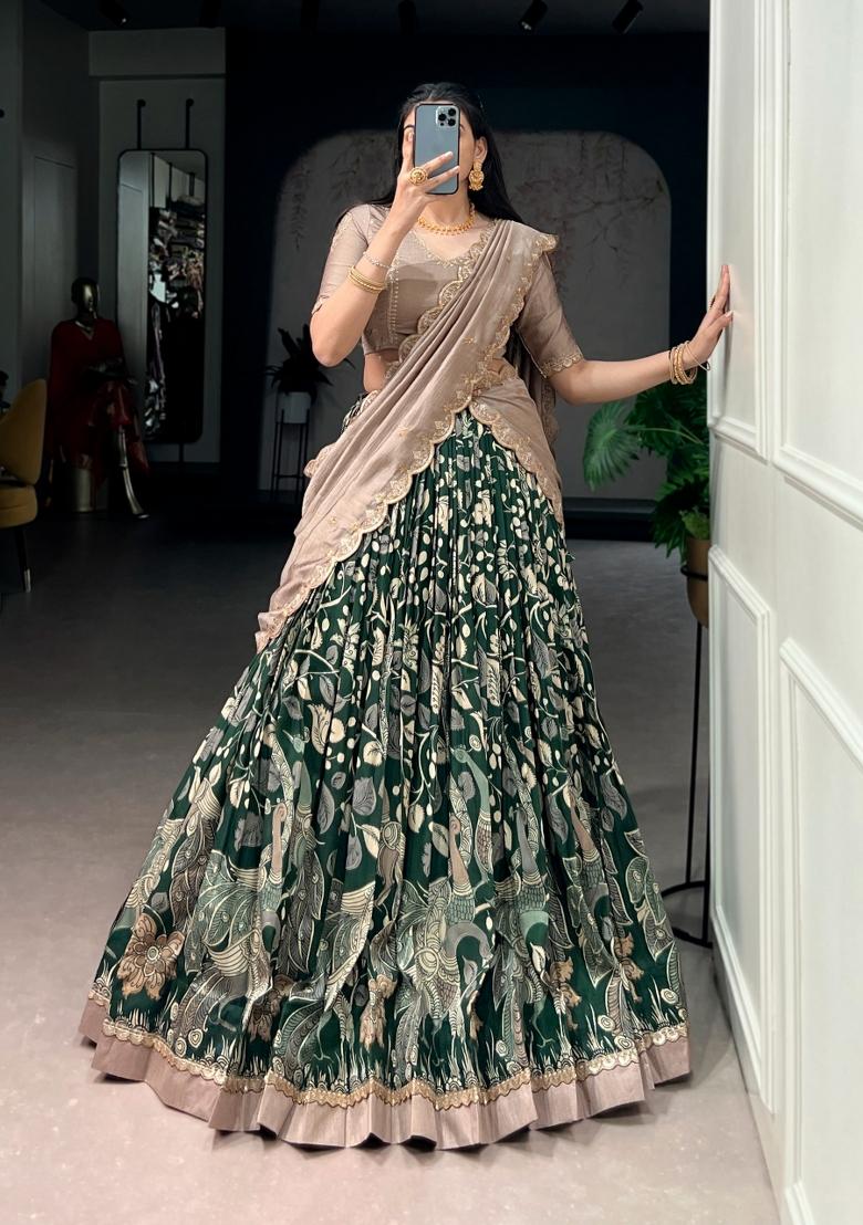 Green Printed Silk Lehenga Set - Indya