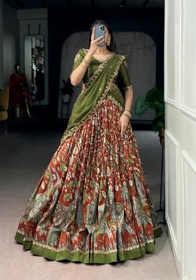 Orange Printed Silk Lehenga Set