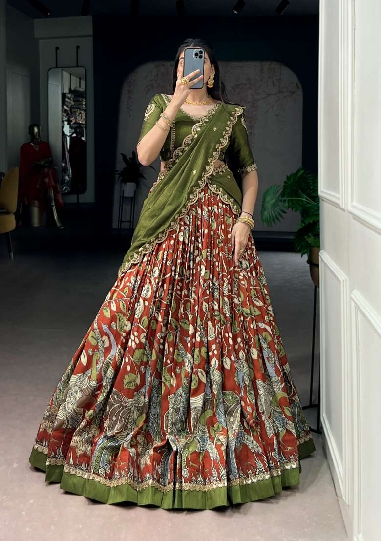 Orange Silk Lehenga Set with Printed for Diwali | Wedding & Festive Wear - Indya
