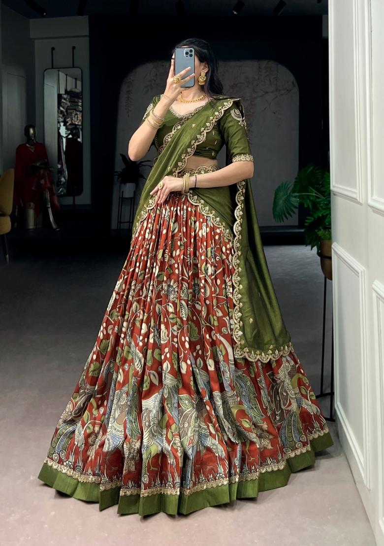 Orange Printed Silk Lehenga Set - Indya