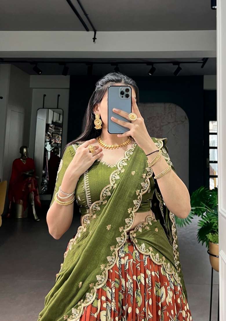 Orange Silk Lehenga Set with Printed for Diwali | Wedding & Festive Wear - Indya
