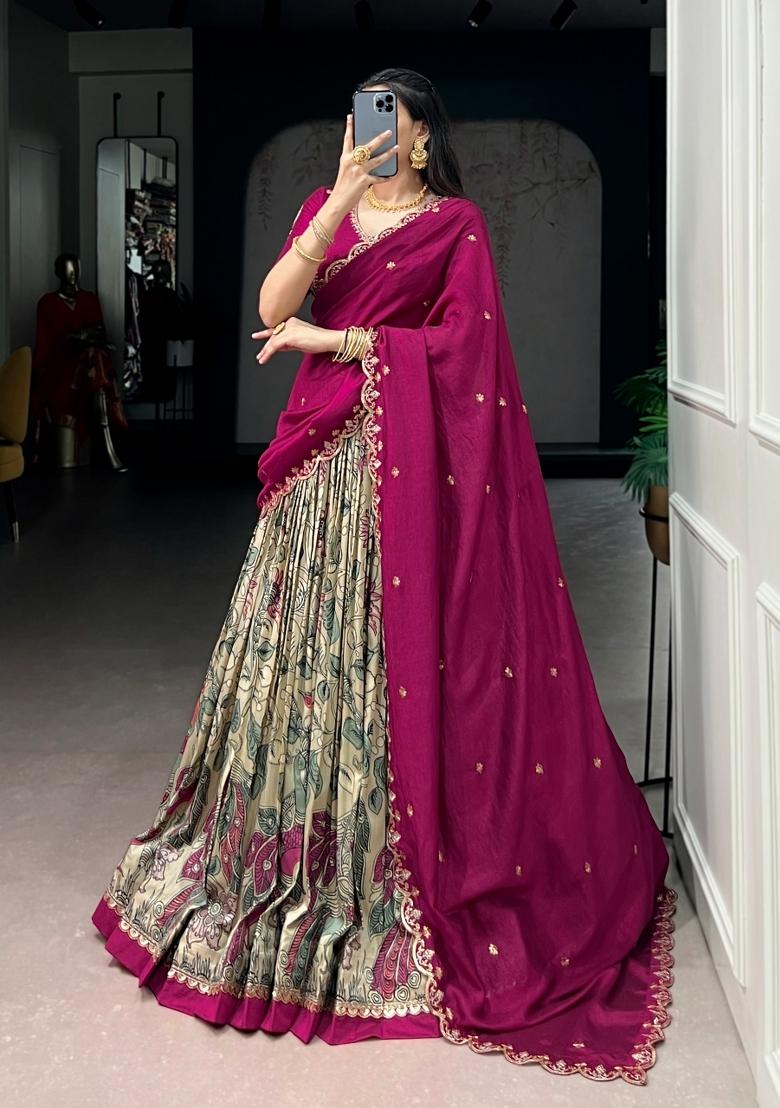 Cream Printed Silk Lehenga Set - Indya