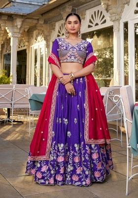 Purple Embroidery Silk Lehenga Set