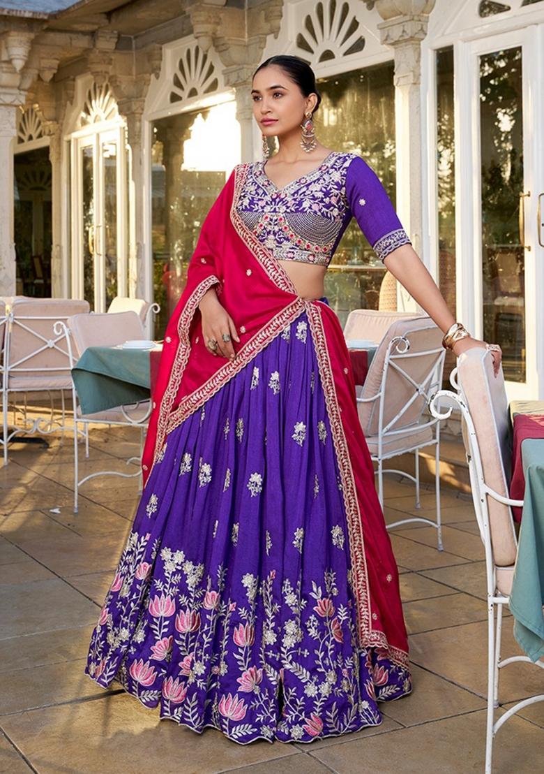 Purple Embroidery Silk Lehenga Set - Indya