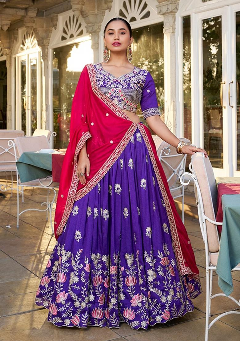 Purple Embroidery Silk Lehenga Set - Indya