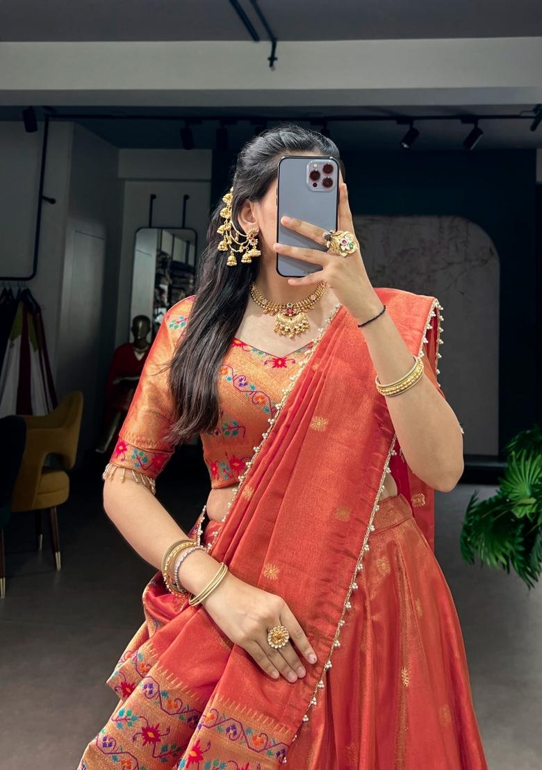 Orange Shimmer Lehenga Set - Indya