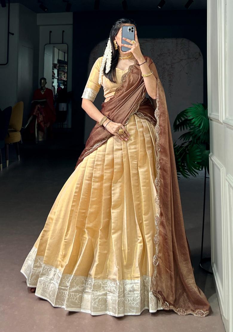 Cream Kanchipuram Lehenga Set - Indya