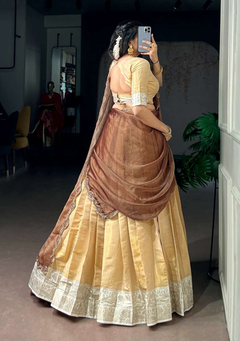 Cream Kanchipuram Lehenga Set for Diwali and Festive Wear - Indya