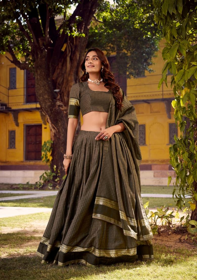 Grey Zari Work Cotton Lehenga Set - Indya