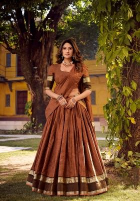 Orange Zari Work Cotton Lehenga Set