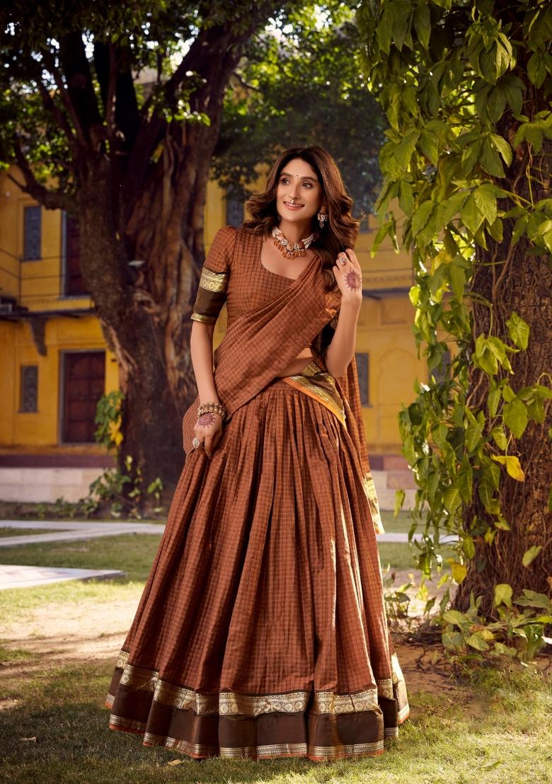 Orange Zari Work Cotton Lehenga Set - Indya