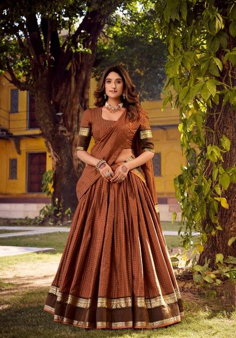 Orange Zari Work Cotton Lehenga Set