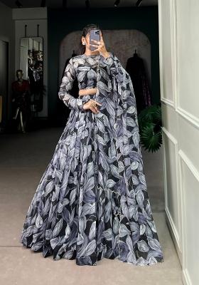 Black Printed Silk Lehenga Set
