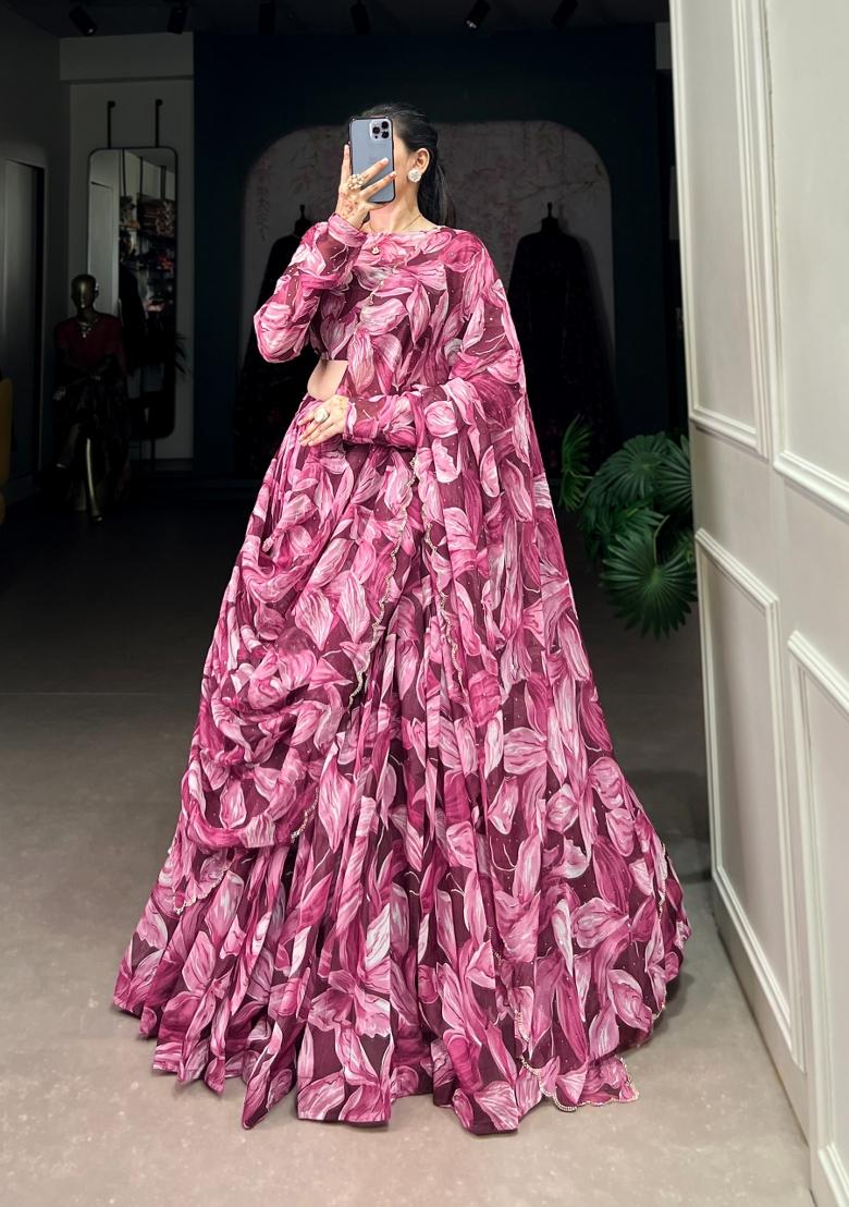 Maroon Printed Silk Lehenga Set - Indya