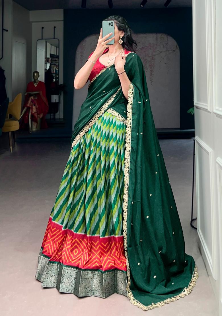Green Zari Work Silk Lehenga Set - Indya