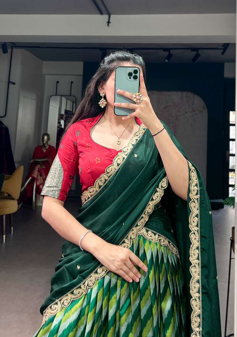 Green Zari Work Silk Lehenga Set for Diwali and Festive Wear - Indya