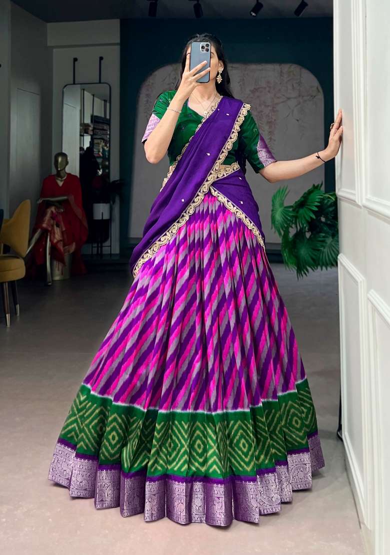 Purple Zari Work Silk Lehenga Set for Diwali and Festive Wear - Indya
