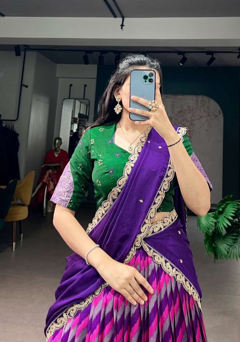 Purple Zari Work Silk Lehenga Set for Diwali and Festive Wear - Indya