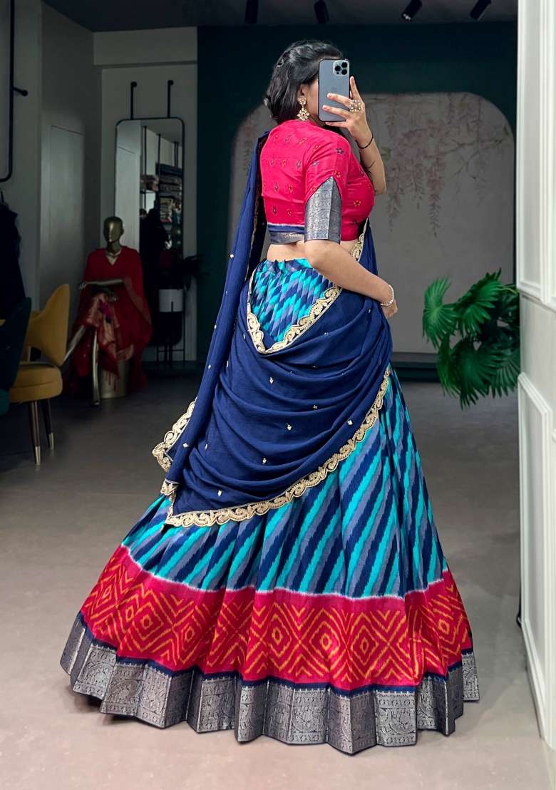 Blue Silk Lehenga Set with Zari Work for Diwali | Wedding & Festive Wear - Indya
