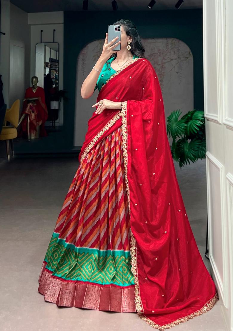 Red Zari Work Silk Lehenga Set - Indya