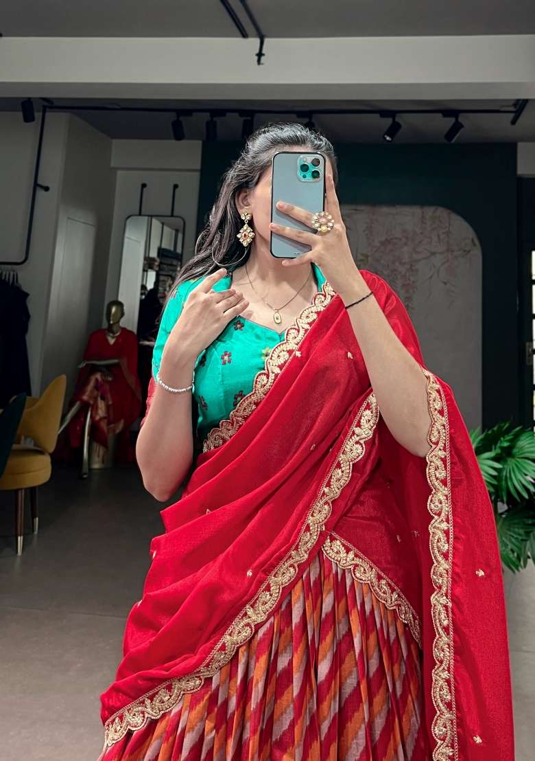 Red Zari Work Silk Lehenga Set for Diwali and Festive Wear - Indya