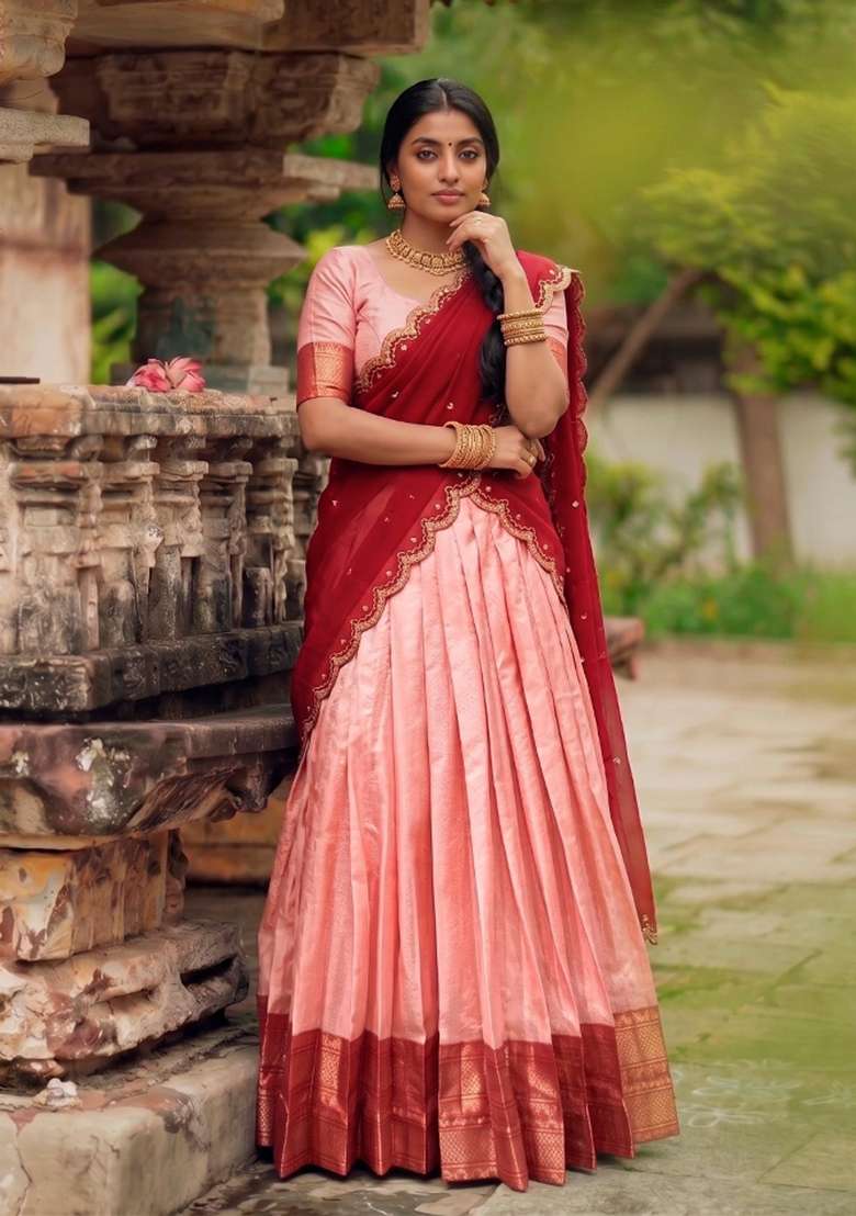 Pink Zari Work Silk Lehenga Set for Diwali and Festive Wear - Indya