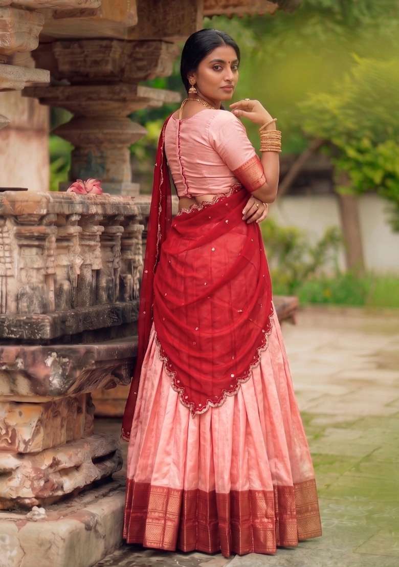Pink Zari Work Silk Lehenga Set for Diwali and Festive Wear - Indya