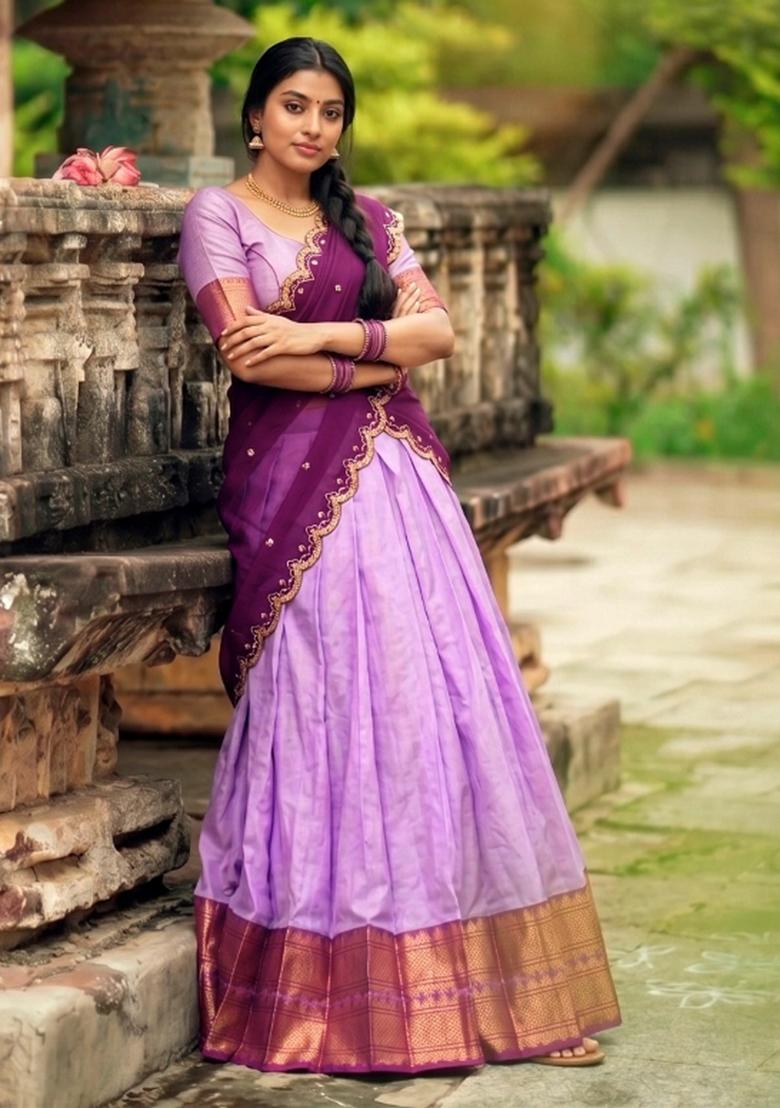 Lavender Zari Work Silk Lehenga Set - Indya