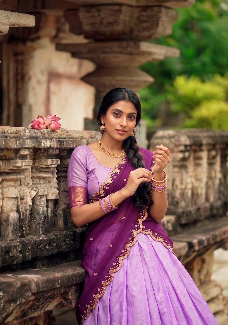 Lavender Zari Work Silk Lehenga Set - Indya