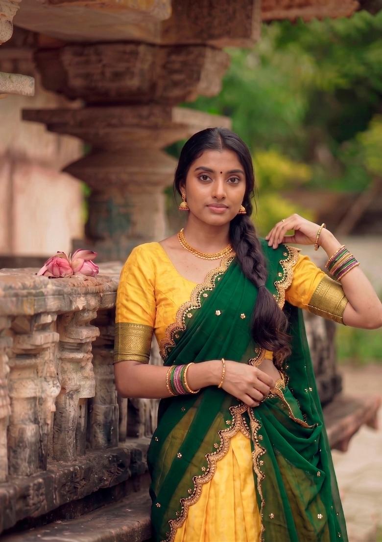Yellow Zari Work Silk Lehenga Set - Indya
