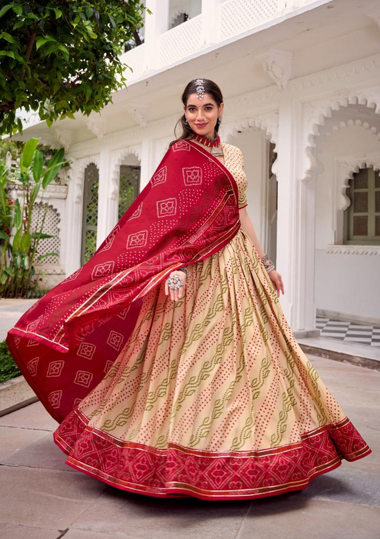 Yellow Bandhej Silk Lehenga Set - Indya