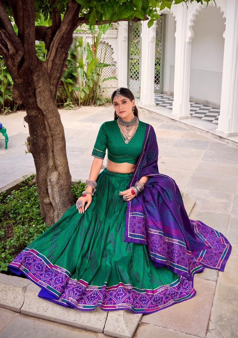 Green Bandhej Silk Lehenga Set - Indya