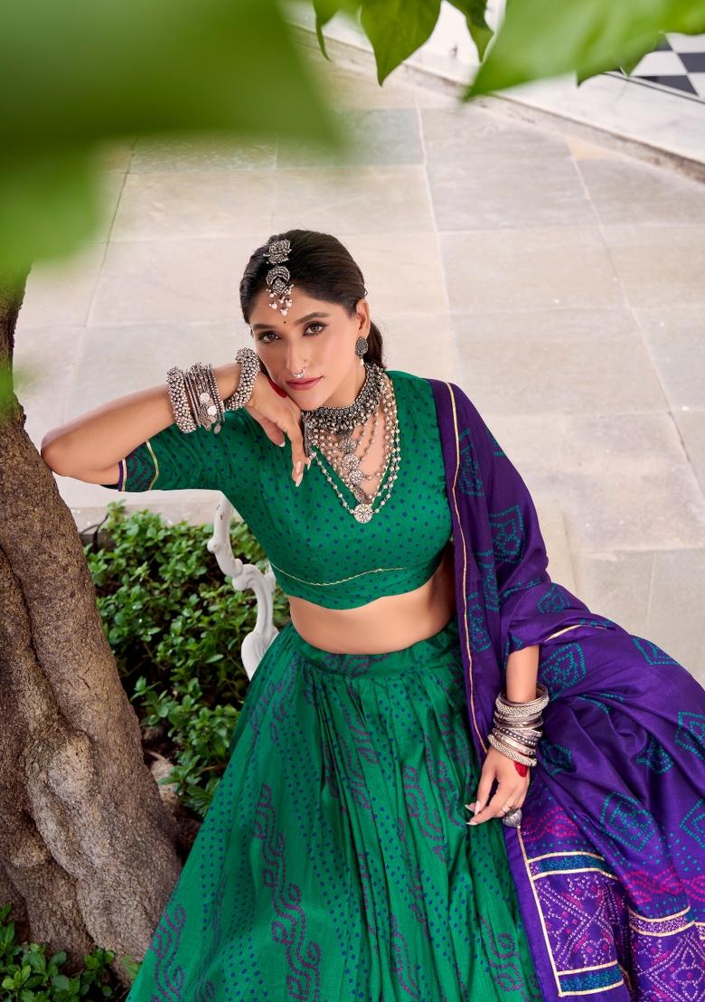 Green Bandhej Silk Lehenga Set - Indya