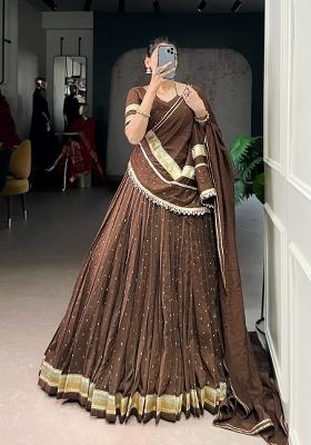 Brown Zari Work Chanderi Lehenga Set