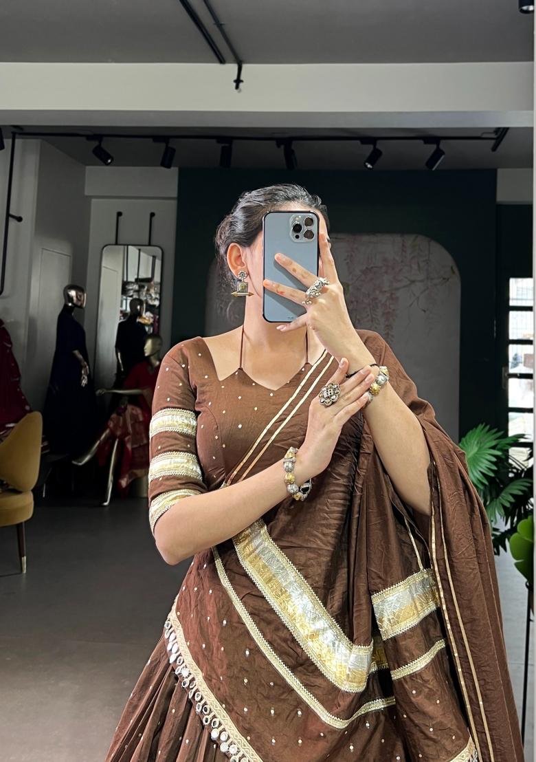 Brown Zari Work Chanderi Lehenga Set - Indya