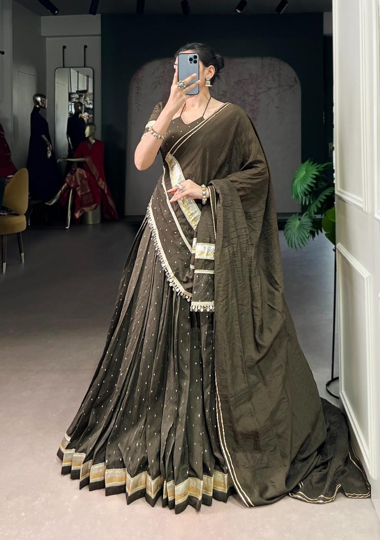 Smoky Grey Zari Work Chanderi Lehenga Set - Indya