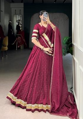 Wine Zari Work Chanderi Lehenga Set