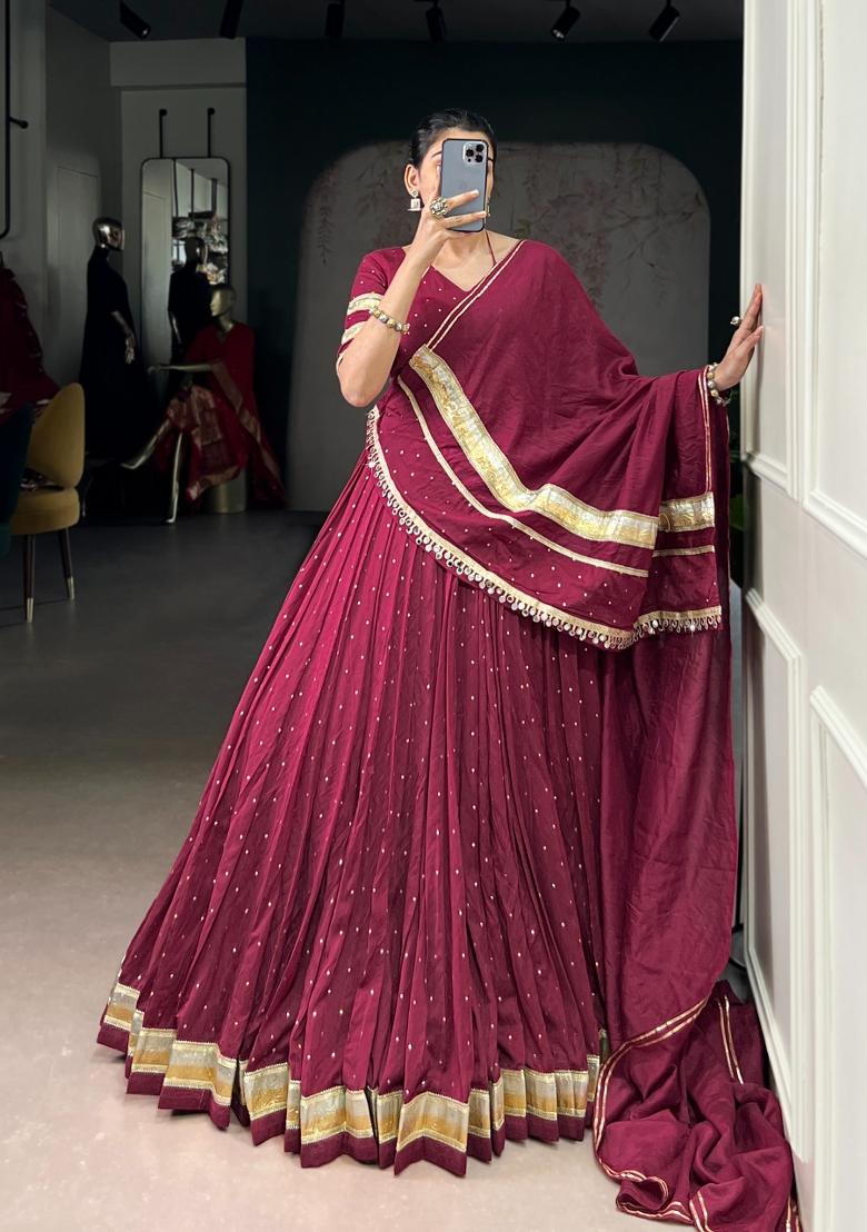 Wine Zari Work Chanderi Lehenga Set - Indya