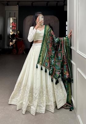White Mirror Work Georgette Lehenga Set