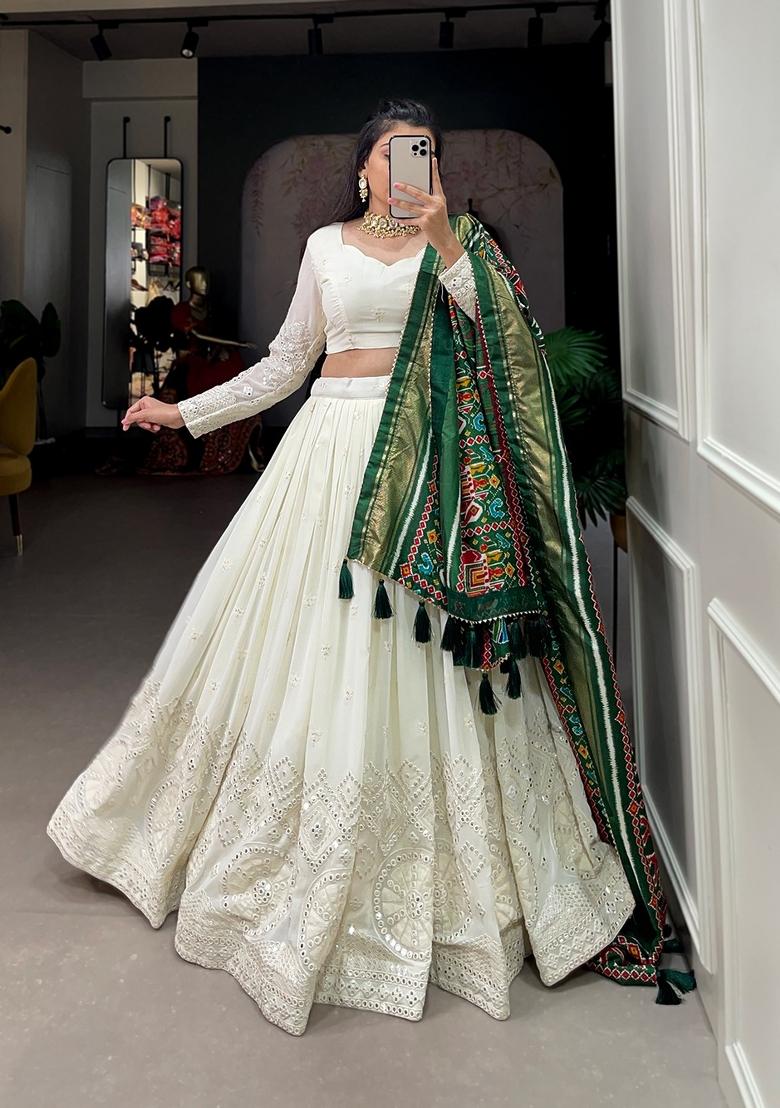 White Mirror Work Georgette Lehenga Set - Indya