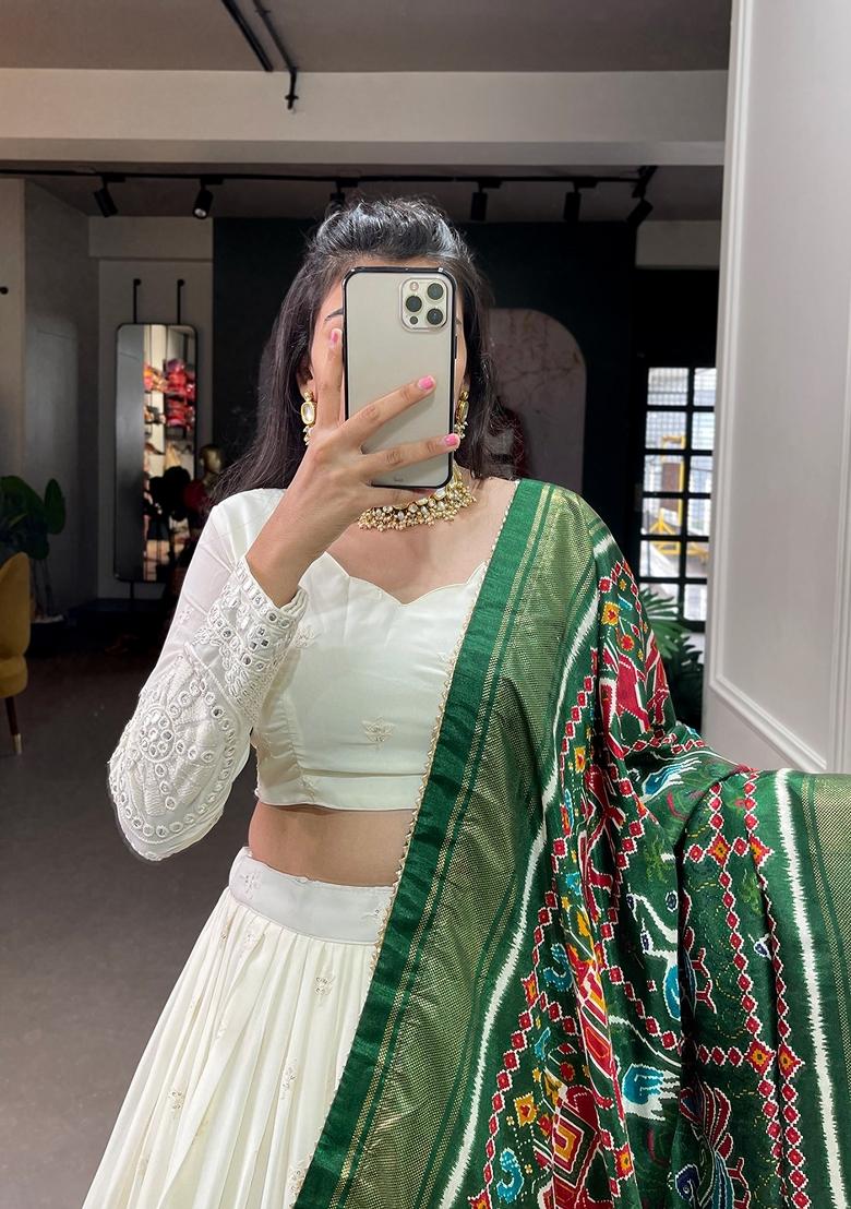 White Mirror Work Georgette Lehenga Set - Indya