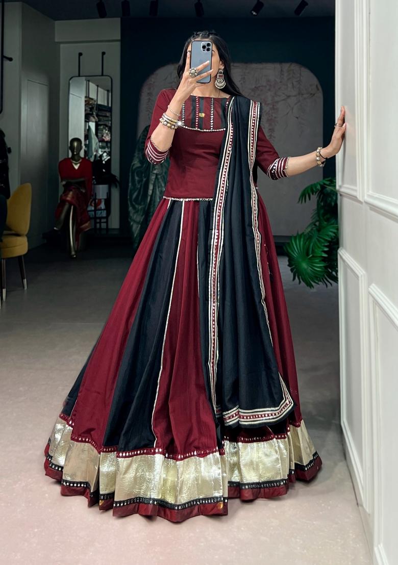 Maroon Mirror Work Chinon Lehenga Set - Indya