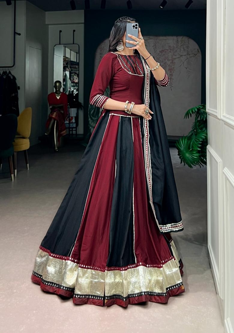 Maroon Mirror Work Chinon Lehenga Set - Indya