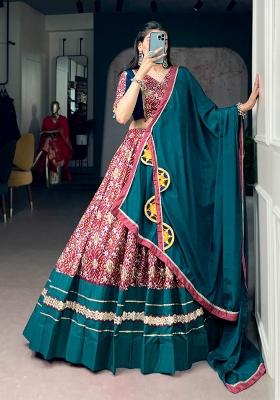 Teal Printed Silk Lehenga Set