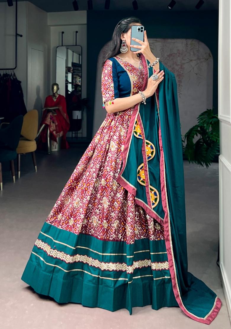 Teal Printed Silk Lehenga Set - Indya
