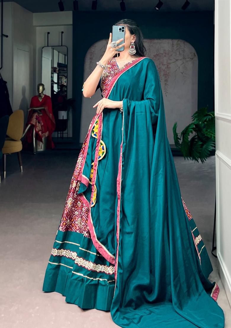 Teal Printed Silk Lehenga Set - Indya