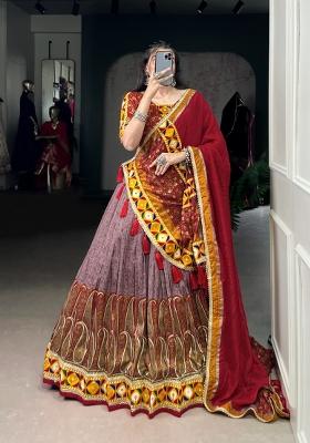 Orange Printed Silk Lehenga Set