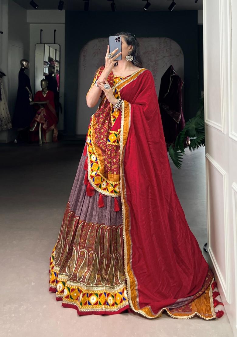 Orange Printed Silk Lehenga Set - Indya