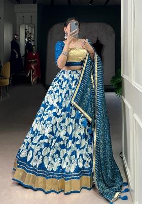 Blue Printed Silk Lehenga Set